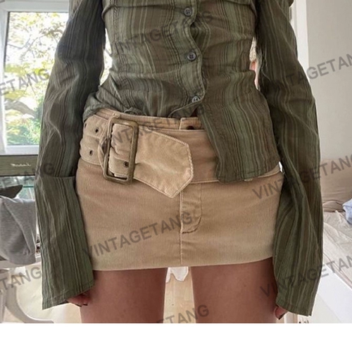 Летний хаки ремень, джинсовая юбка, в американском стиле, свободный прямой крой, с акцентом на бедрах