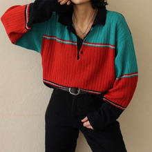 翻领外套發 欧美校园风小个子拼接撞色套头polo针织衫 女宽松bf长袖