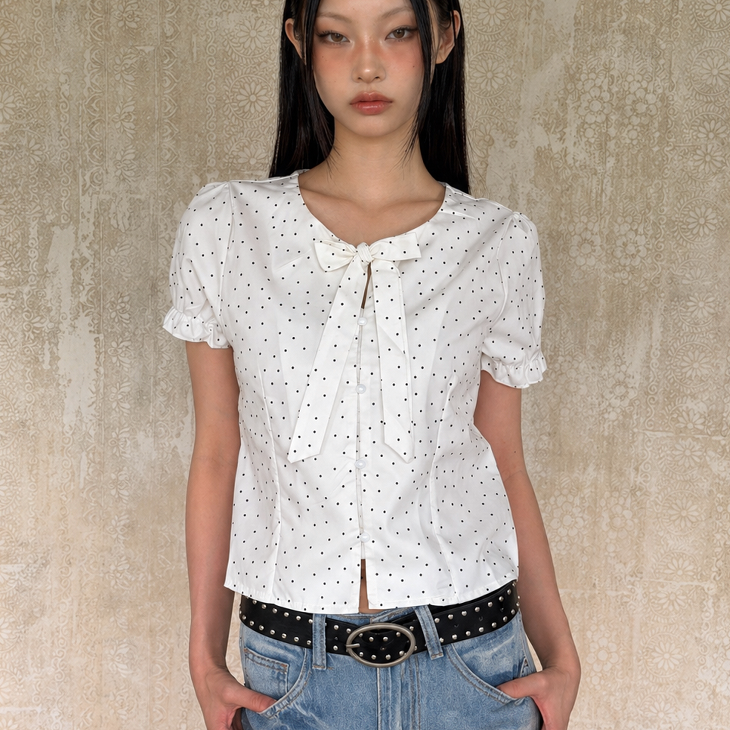 VintageTang白色波点系带短袖衬衫女夏季显瘦短款小衫壕萬图片
