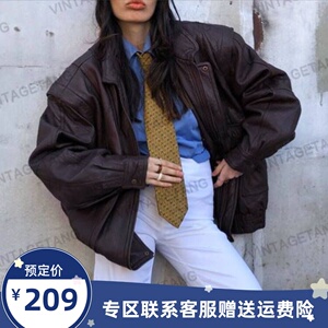 VintageTang美式复古街头棕色翻领宽松皮衣外套女机车夹克婋叁D