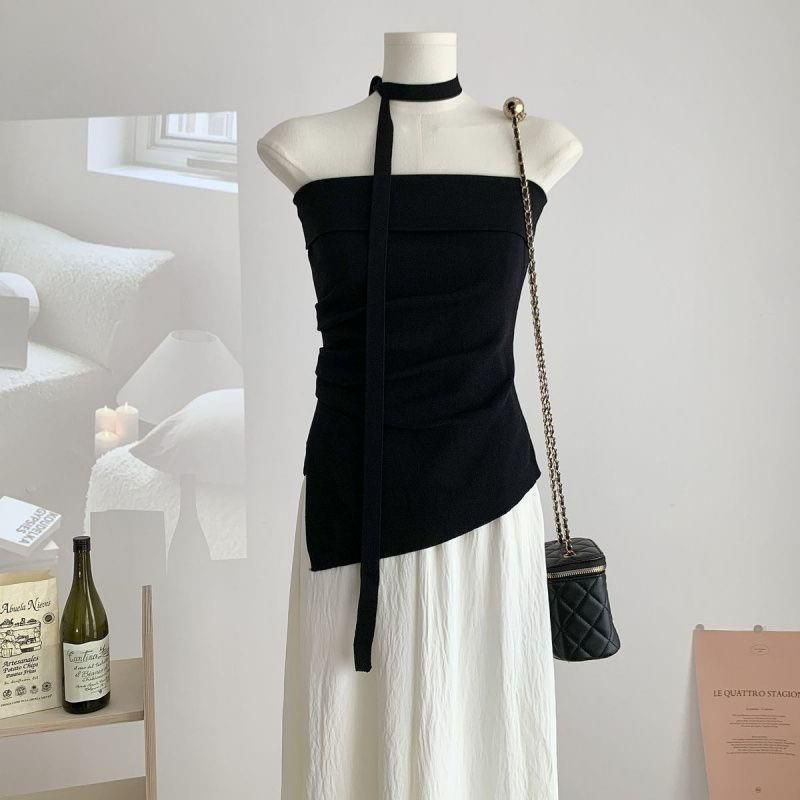 多巴胺气质设计感褶皱抹胸背心不规则吊带上衣露肩一字领拼接外穿