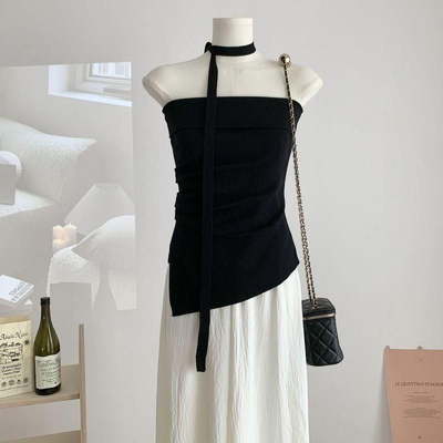 多巴胺气质设计感褶皱抹胸背心不规则吊带上衣露肩一字领拼接外穿