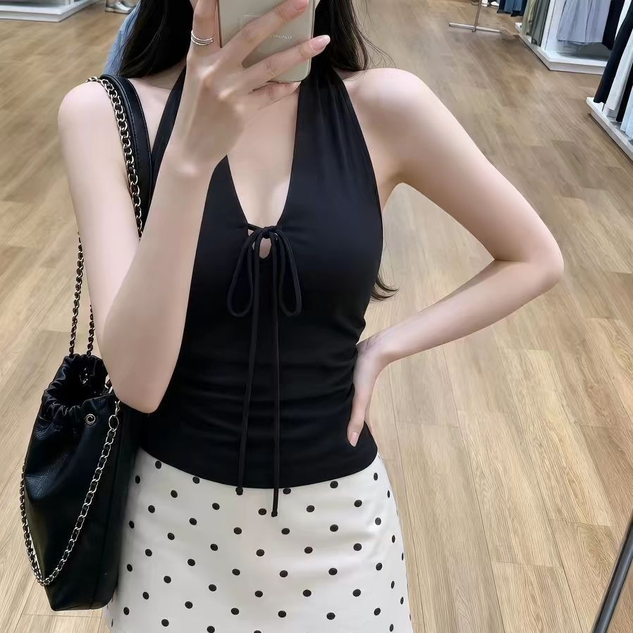 夏季小个子女装挂脖深V系带露背吊带背心上衣