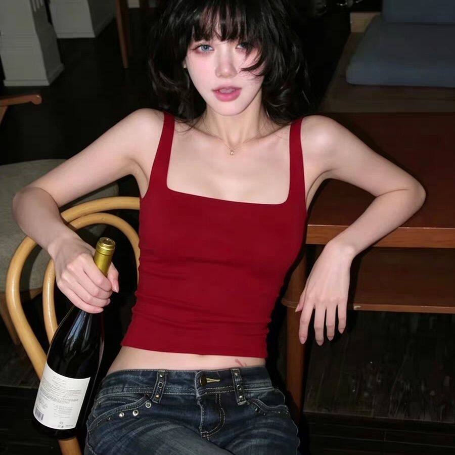 法式红色方领吊带背心女夏季外穿内搭遮副乳运动无袖短款上衣
