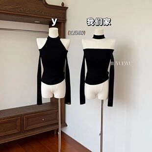 两穿设计感辣妹挂脖露肩长袖T恤女2025春季新款修身显瘦打底上衣