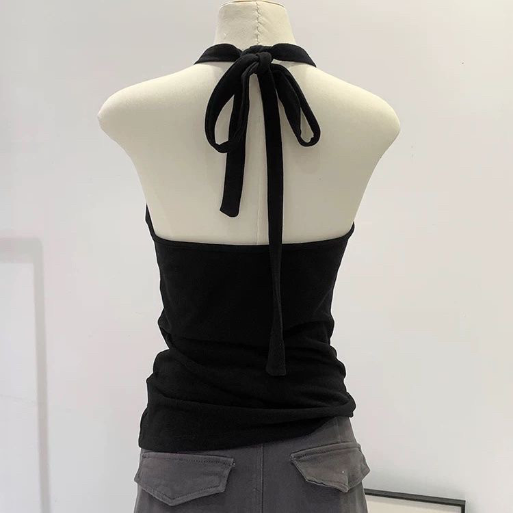 辣妹海边音乐节穿搭黑色挂脖系带吊带背心女夏季2025新款外穿上衣