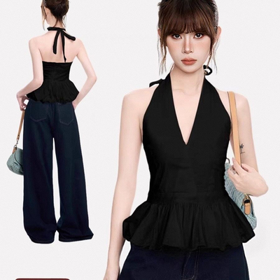 黑色v领花边花苞挂脖无袖吊带背心女夏外穿收腰绝美美背泰式上衣