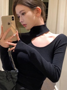 半高领女设计感锁骨挖肩镂空打底衫秋冬配皮草的内搭上衣