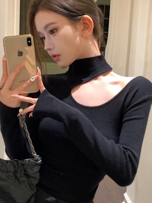 半高领女设计感锁骨挖肩镂空打底衫秋冬配皮草的内搭上衣