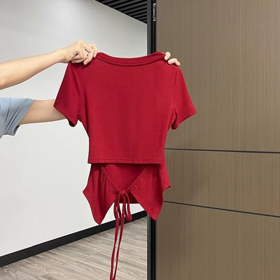 新款纯色正肩后背绑带设计感小众圆领减龄夏季短袖T恤女收腰上衣