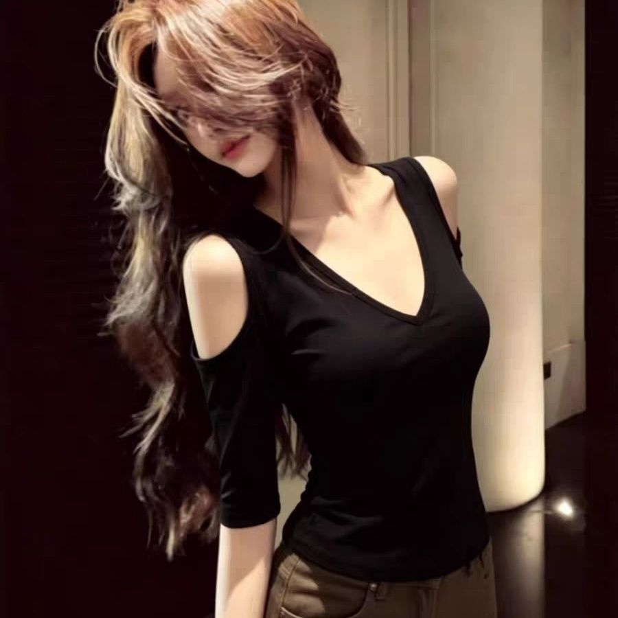 黑色露肩短袖T恤女2026新款夏高级感超好看独特漂亮减龄气质上衣