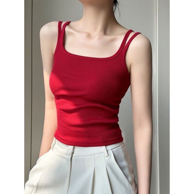 美式纯欲红色无袖双肩带吊带背心女春夏季小个子百搭修身内搭上衣