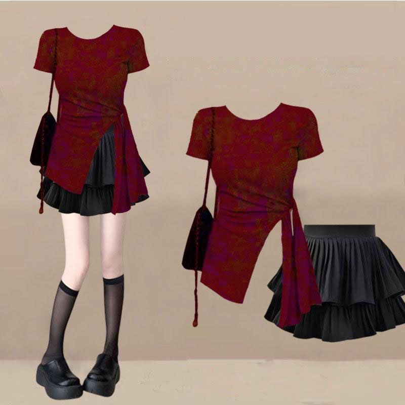 夏季女款韩版时尚休闲减龄设计感正肩不规则红色上衣