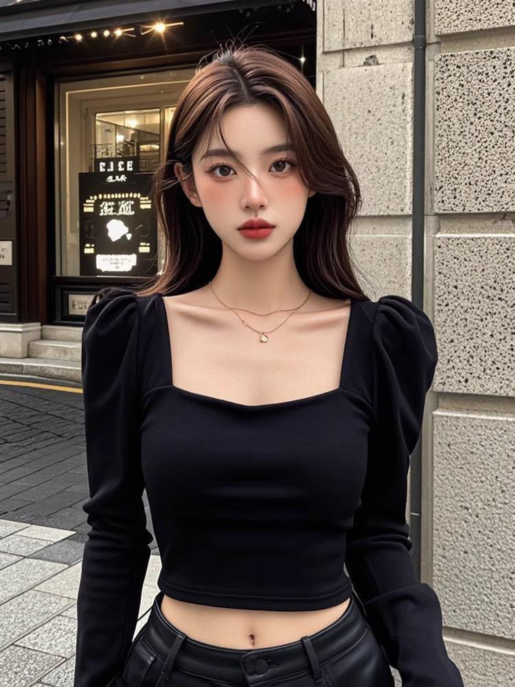 秋冬独特别致方领泡泡长袖修身打底衫女设计感甜辣妹黑色短款上衣