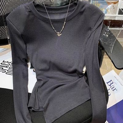 2024爆款上衣欧货垫肩打底衫女春秋内搭修身圆领高级长袖t恤显瘦