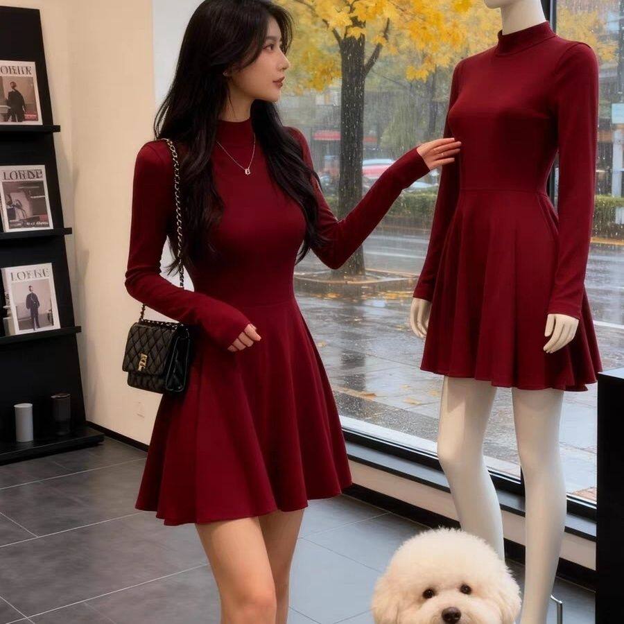 圣诞红色高级感半高领收腰显瘦喇叭袖甜辣妹连衣裙气质修身短裙子