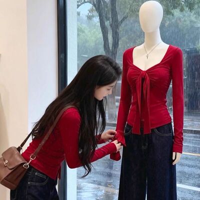 红色蝴蝶结长袖T恤女春装春秋内搭纯欲风露锁骨紧身显瘦打底上衣