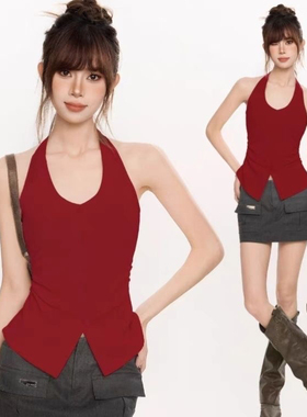 美式辣妹红色v领挂脖露背吊带背心女夏季外穿遮副乳美背无袖上衣