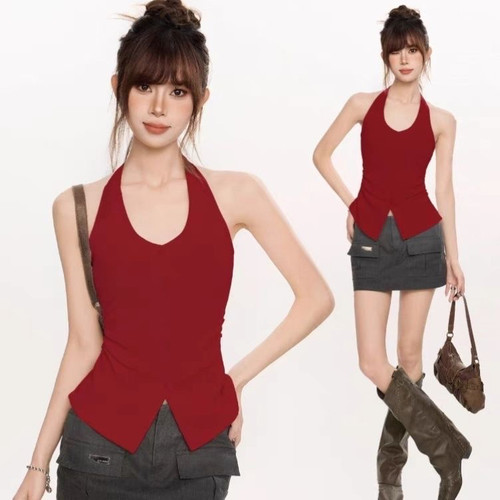 美式辣妹红色v领挂脖露背吊带背心女夏季外穿遮副乳美背无袖上衣