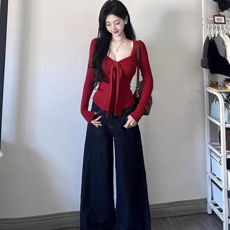 纯欲辣妹红色蝴蝶结长袖T恤女设计感修身气质打底衫内搭上衣秋季