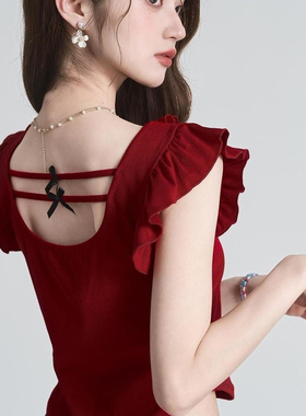 2025夏季新款甜辣风红色方领小飞袖t恤女正肩修身短设计感上衣潮