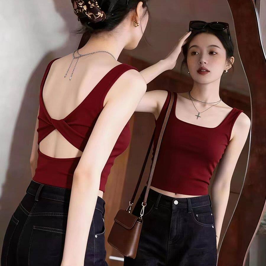 2026新款春夏黑色吊带背心女外穿方领设计感美背纯棉内搭打底上衣