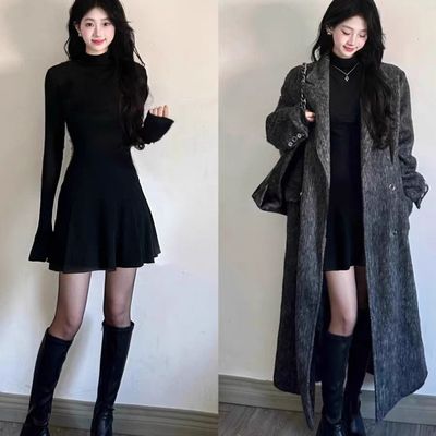 黑色半高领长袖连衣裙女秋冬季短款长袖打底裙大衣内搭高级感穿搭