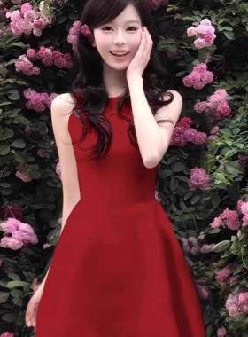 裙子红色千金风无袖短款连衣裙女夏日绝美小红裙穿搭夏