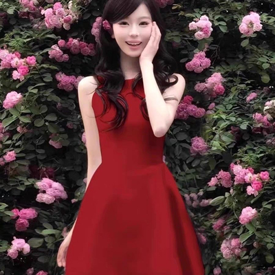 裙子红色千金风无袖短款连衣裙女夏日绝美小红裙穿搭夏