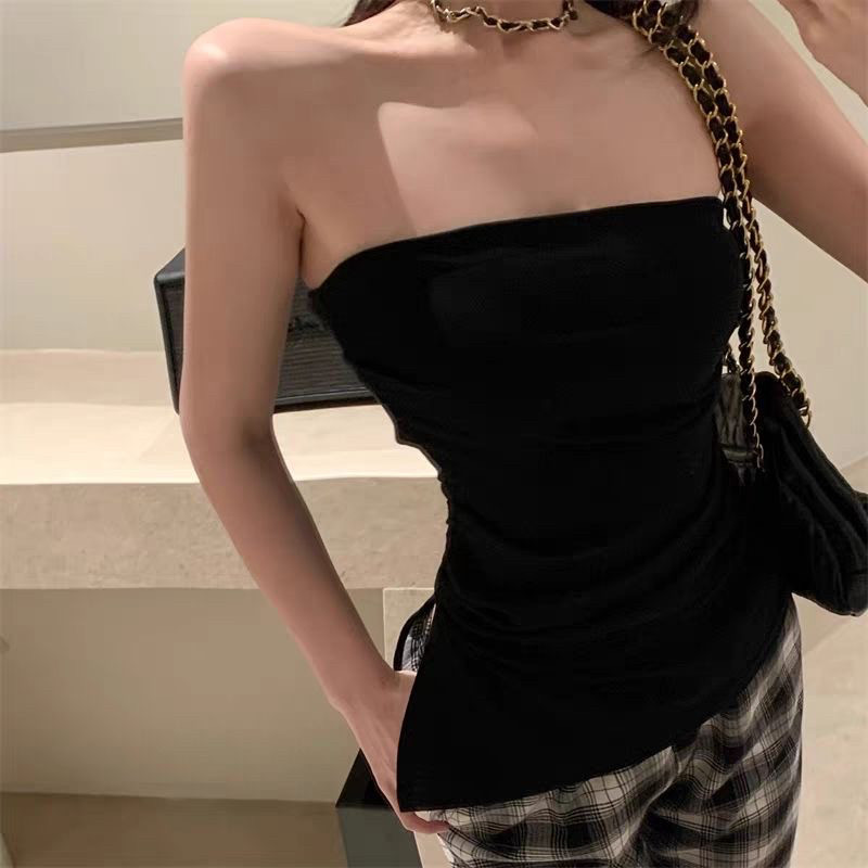 性感辣妹抹胸无肩带不规则背心女春夏掐腰修身开叉显瘦裹胸上衣棉