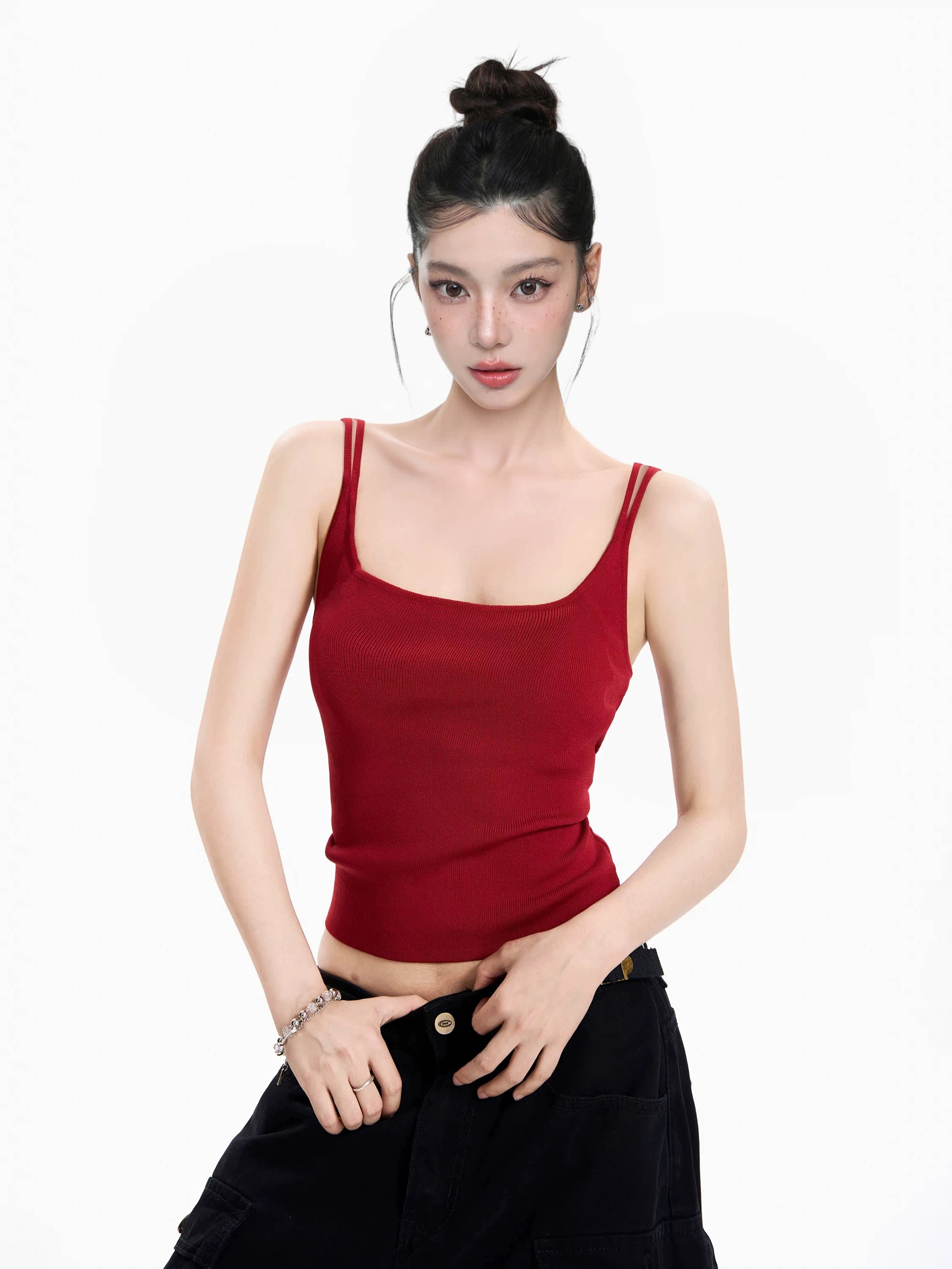 美式辣妹红色带胸垫吊带背心女夏夏季外穿打底遮副乳无袖上衣