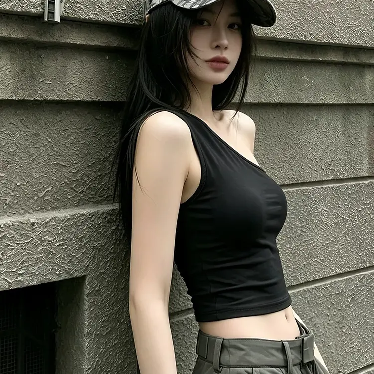 黑色斜肩吊带背心女夏季古气质性感辣妹修身短款无袖上衣外穿