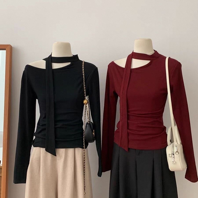 超好看飘带打底衫女2025新款气质修身显瘦长袖t恤设计感小众上衣