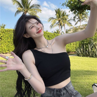 夏季单肩抹胸吊带背心女带胸垫设计感小众短款甜辣妹纯欲上衣外穿