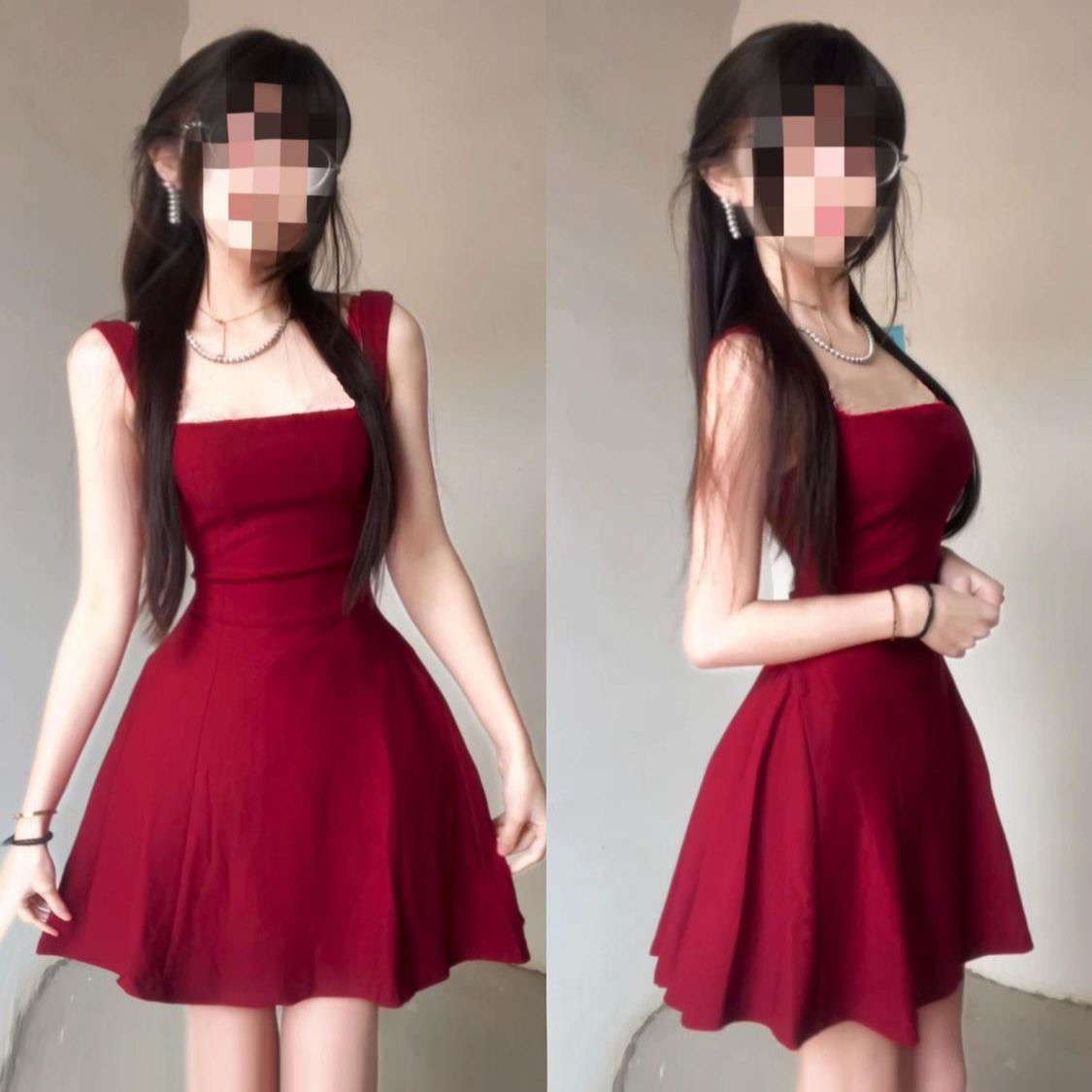 法式红色吊带连衣裙长款赫本小红裙子高级感绝美小礼服