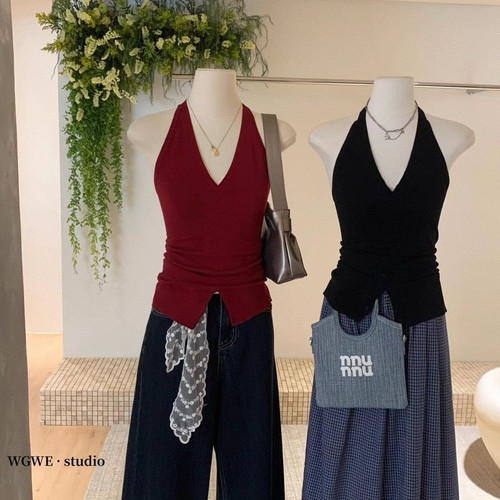 辣妹御姐风v领吊带背心女装25春夏韩版百搭挂脖吊带上衣