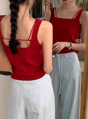 红色露背纯棉吊带背心女夏季高级感别致绝美无袖上衣
