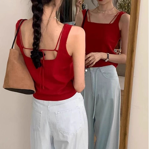 红色露背纯棉吊带背心女夏季高级感别致绝美无袖上衣