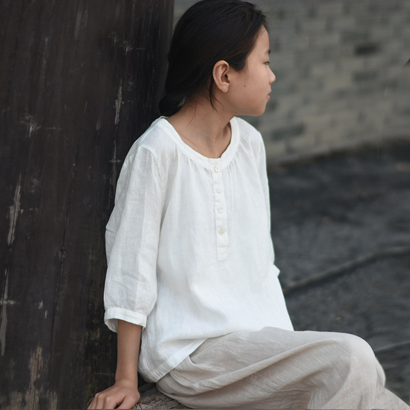 2025春夏新款文艺女童宽松休闲苎麻衬衫五分袖圆领娃娃衫大童亲子