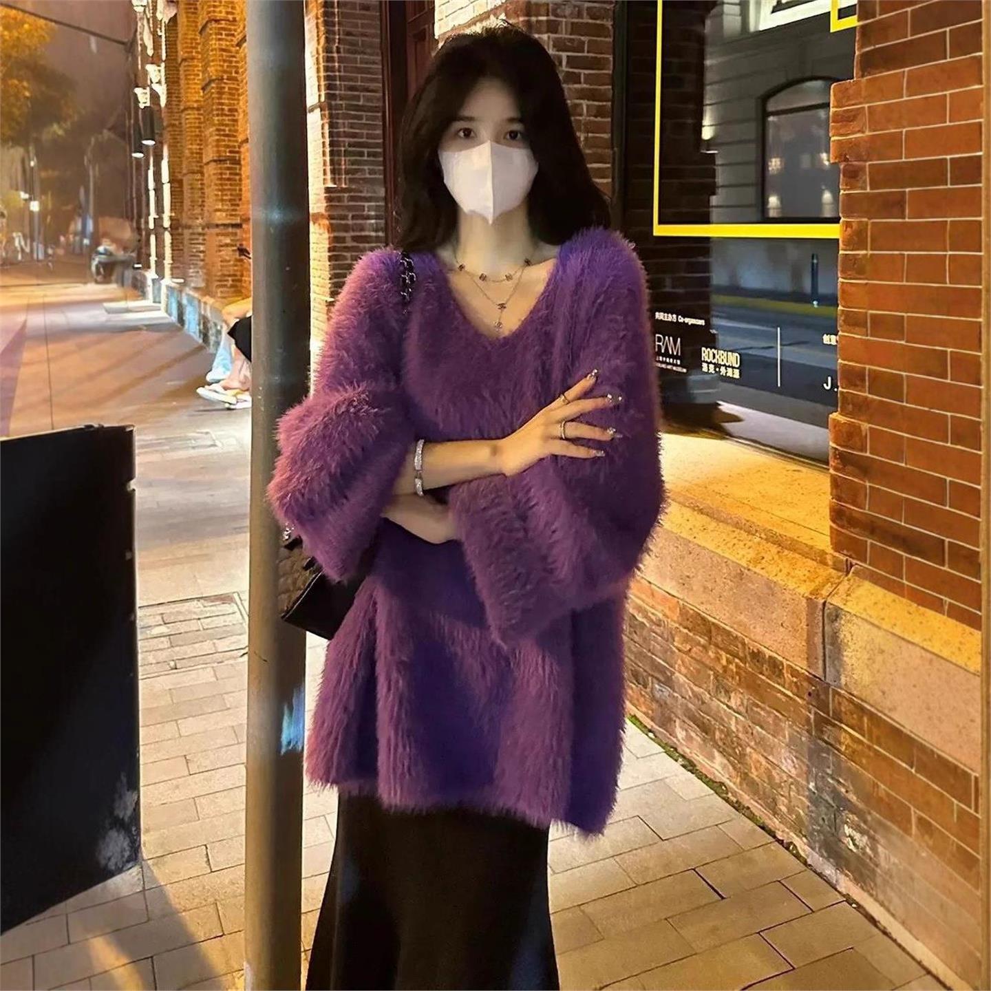 韩国BORA│秋冬季时尚宽松慵懒风毛衣水貂毛外套女紫色法式温柔风