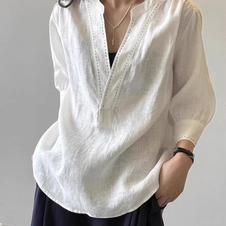 牛X货 巨炸裂！白色V领亚麻五分袖衬衫女夏季松弛感宽松百搭上衣
