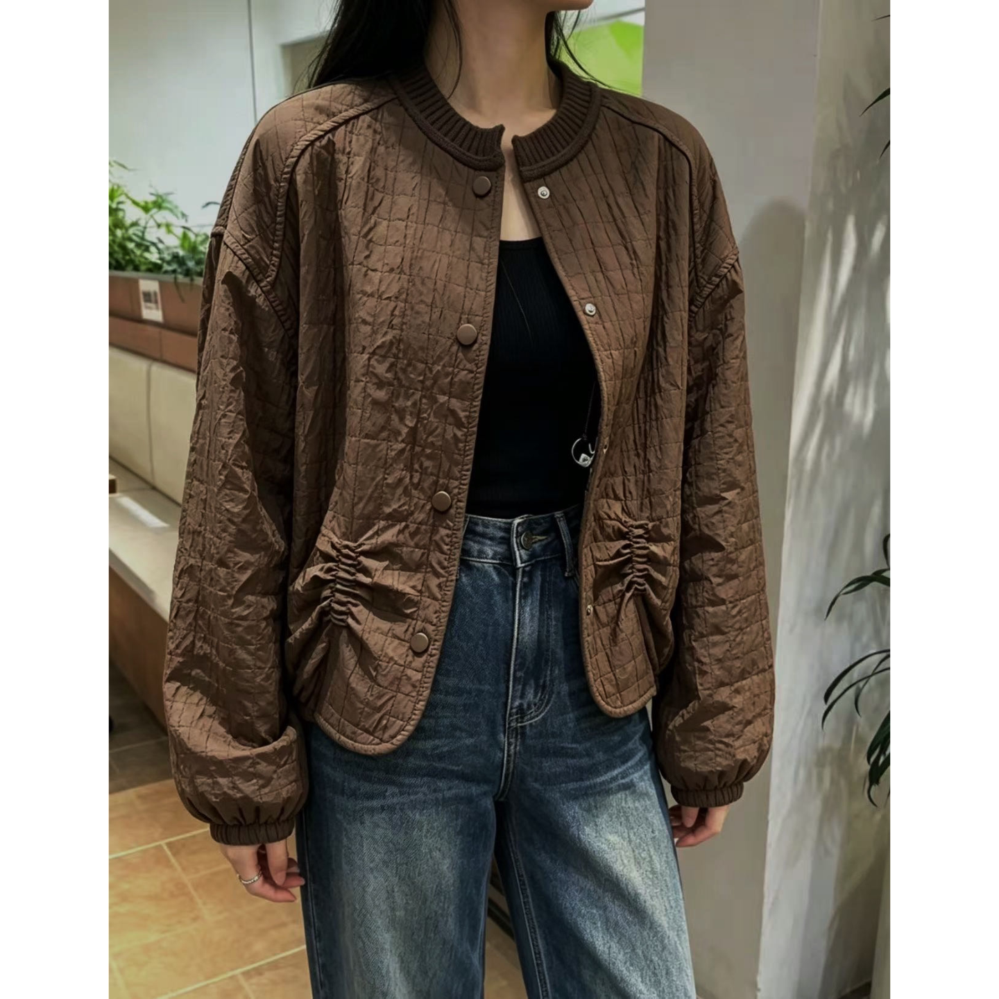 欧货立领棒球服长袖褶皱短外套女2026秋季新品宽松显瘦休闲上衣女