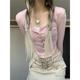Tee Patchwork Women Harajuku Crop y2k Lace Pink Top Button