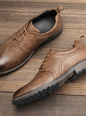 Men Casual Leather Shoes Vintage Burnished Oxfords 复古皮鞋