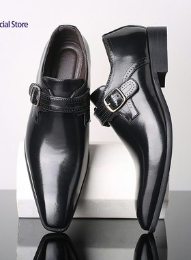 男尖头英伦皮鞋搭扣 Men Business Dress Formal Wedding Shoes