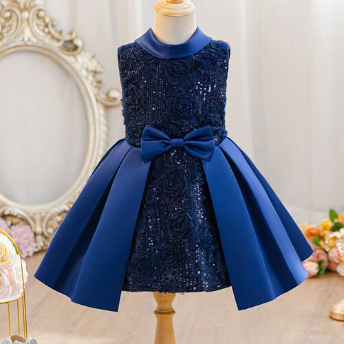 Sleeveless Satin Girls Princess Gown Sequin Formal Dress