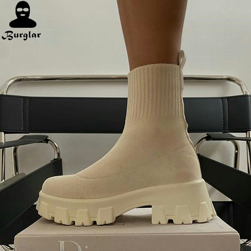 Autumn Winter Socks Shoes Women Thick-soled Knitted Boots