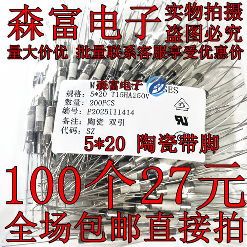 T2A 2.5 6.3.15A 10A 15A 20AH250V 带引线双帽陶瓷管保险丝 5*20