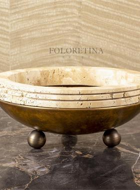 现代极简意式纯铜工艺创意果盘样板间茶几天然洞石花盆装饰品摆件