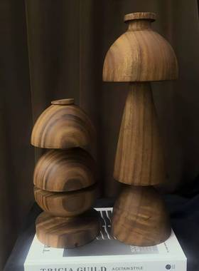 中古风进口胡桃木蘑菇创意雕塑摆件样板间售楼处客厅桌面实木摆设